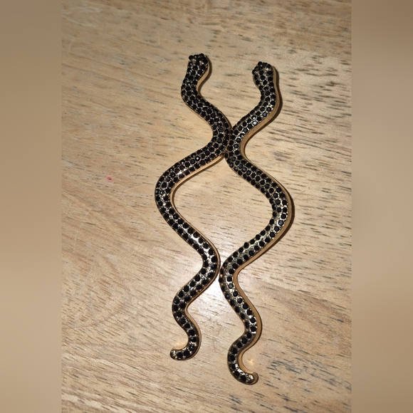 Gold Tone Black Rhinestone Long Snake Earrings - Picture 2 of 3